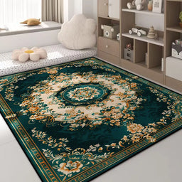 Luxury Green Flower Area Rug – Non-Slip Large Living Room Carpet, Golden Border Washable Soft Mat for Bedroom Home Decor
