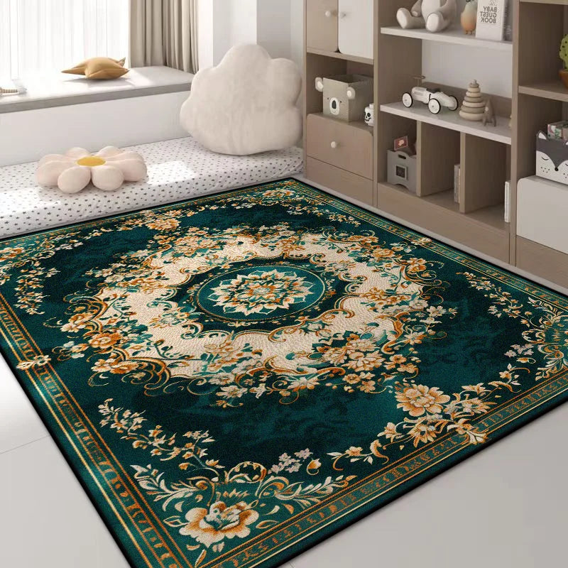 Luxury Green Flower Area Rug – Non-Slip Large Living Room Carpet, Golden Border Washable Soft Mat for Bedroom Home Decor