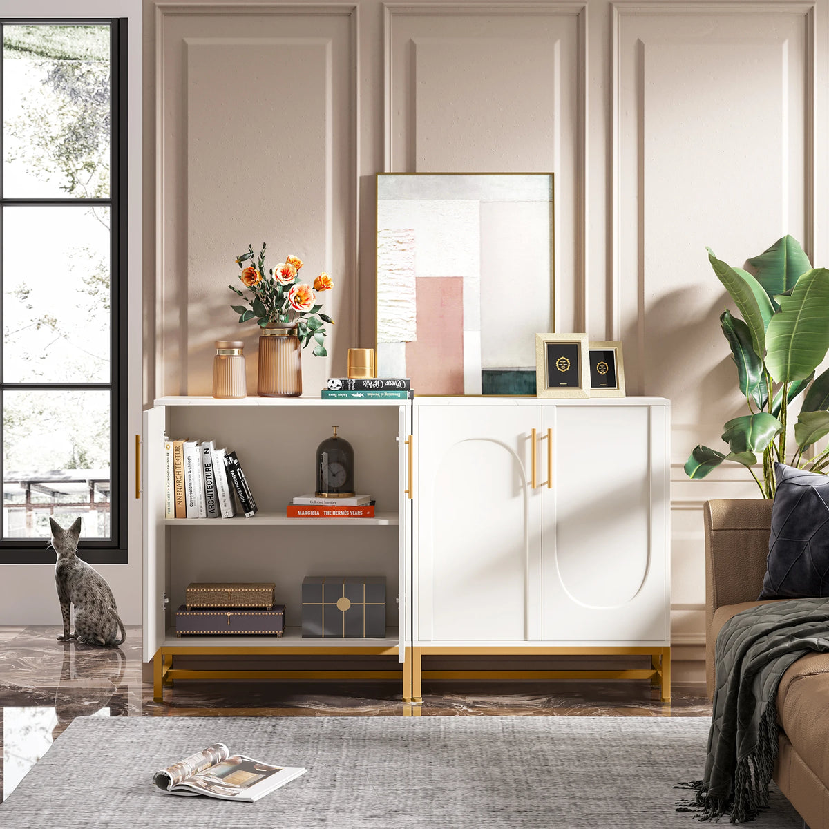 Modern Sideboards, Buffet Cabinet with 4 Doors and Adjustable Shelves (White)