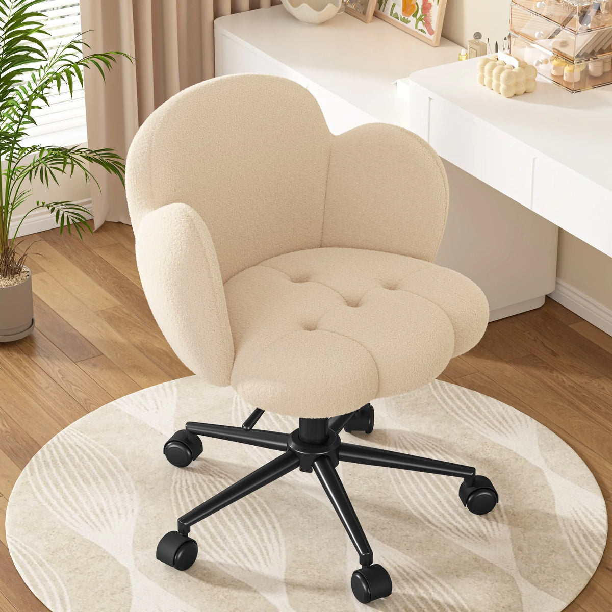 Petal Vanity Chair with Wheels, Height Adjustable Upholstered Home Office Chair, Computer Task Chair for Study Makeup Relaxation
