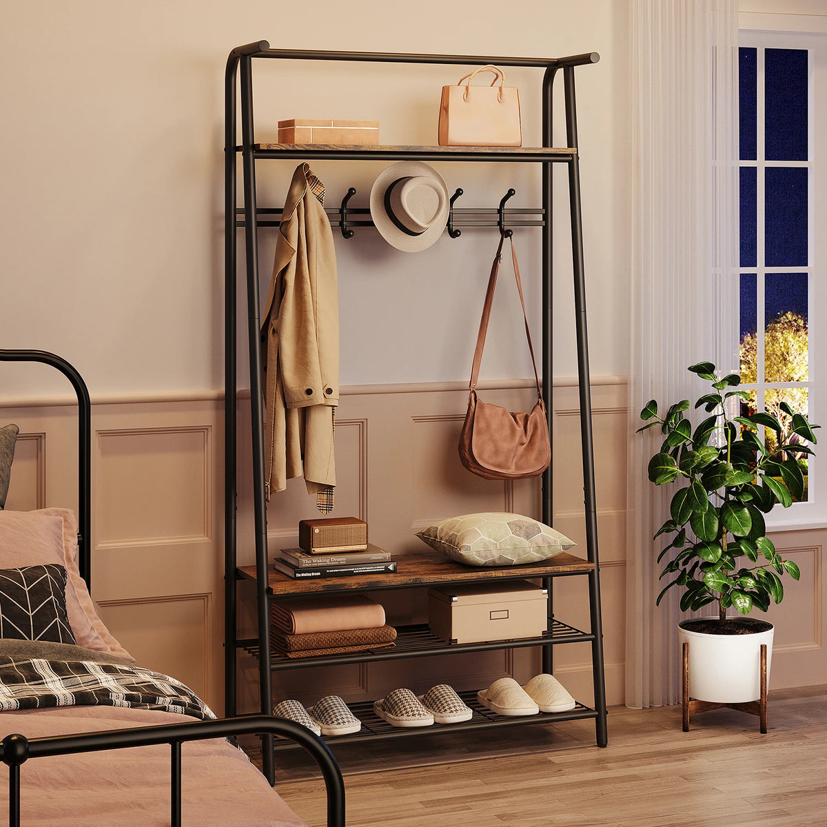 Coat Rack Shoe Bench, 4-In-1 Hall Trees Entryway Bench with Coat Rack and Shoe Rack, Steel Frame Storage Shelf and Hanging Bar