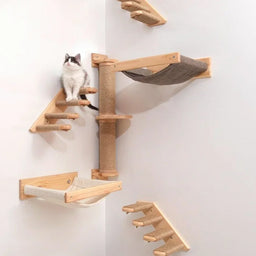 Wall-Mounted Cat Climbing Rope Wooden Cat Tree Hammock Step Ladder Natural Sisal Cat Scratching Post Indoor Wall Cat Furniture