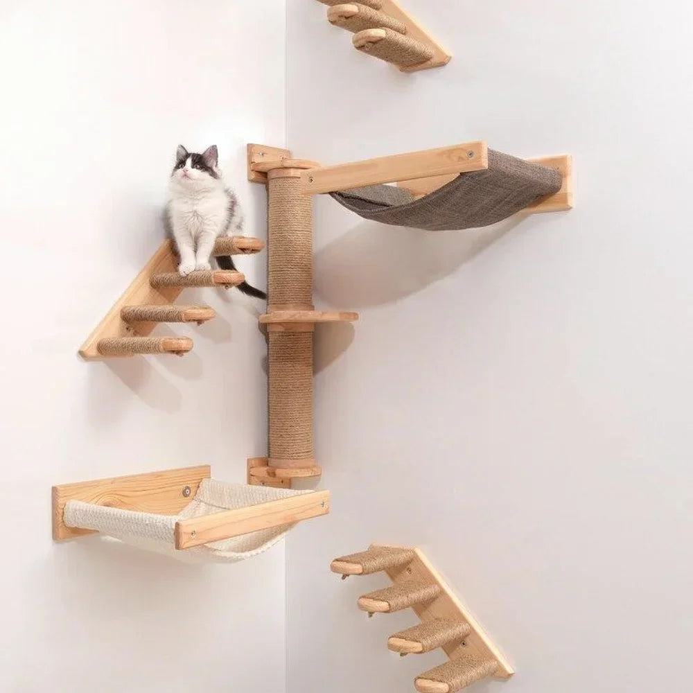 Wall-Mounted Cat Climbing Rope Wooden Cat Tree Hammock Step Ladder Natural Sisal Cat Scratching Post Indoor Wall Cat Furniture