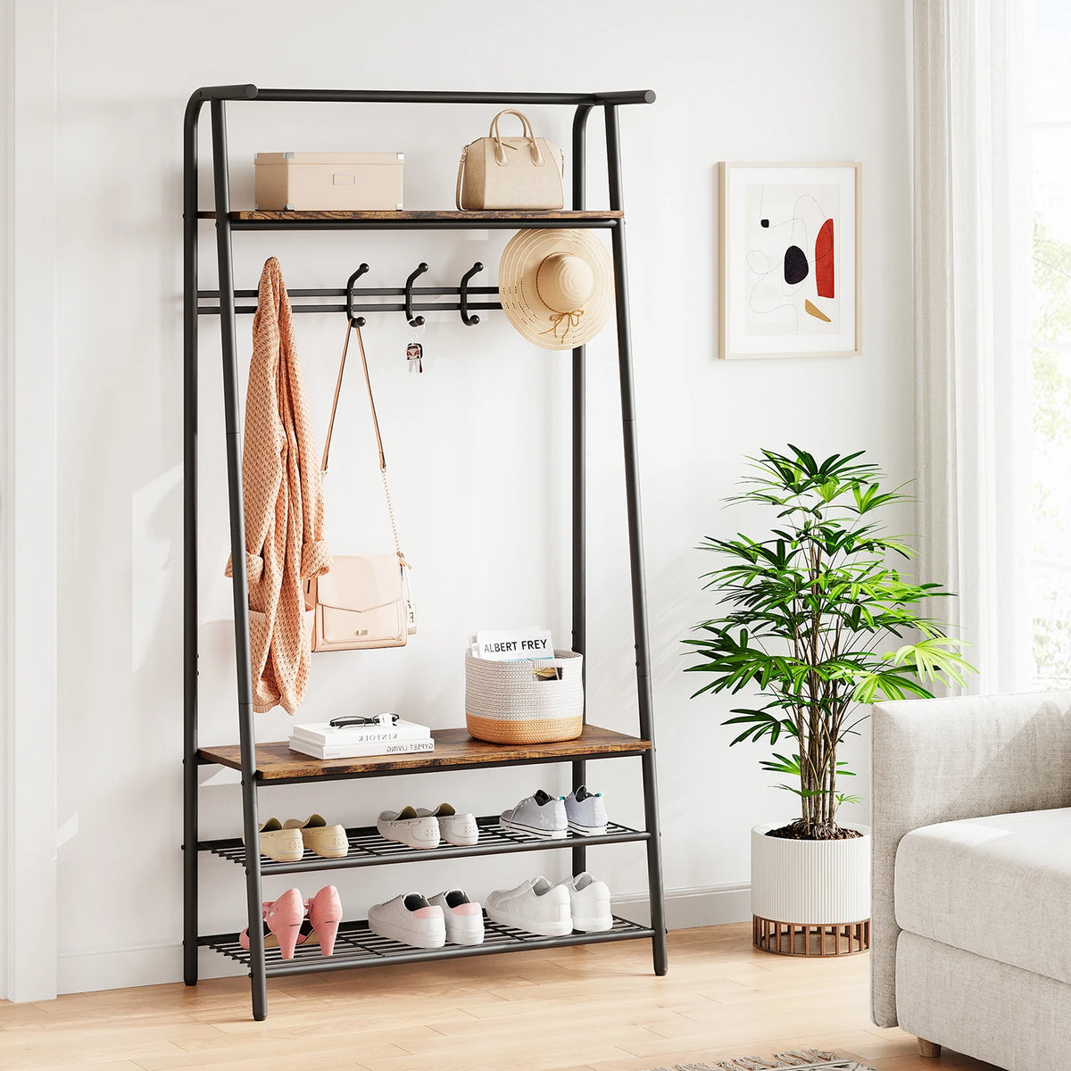 Coat Rack Shoe Bench, 4-In-1 Hall Trees Entryway Bench with Coat Rack and Shoe Rack, Steel Frame Storage Shelf and Hanging Bar