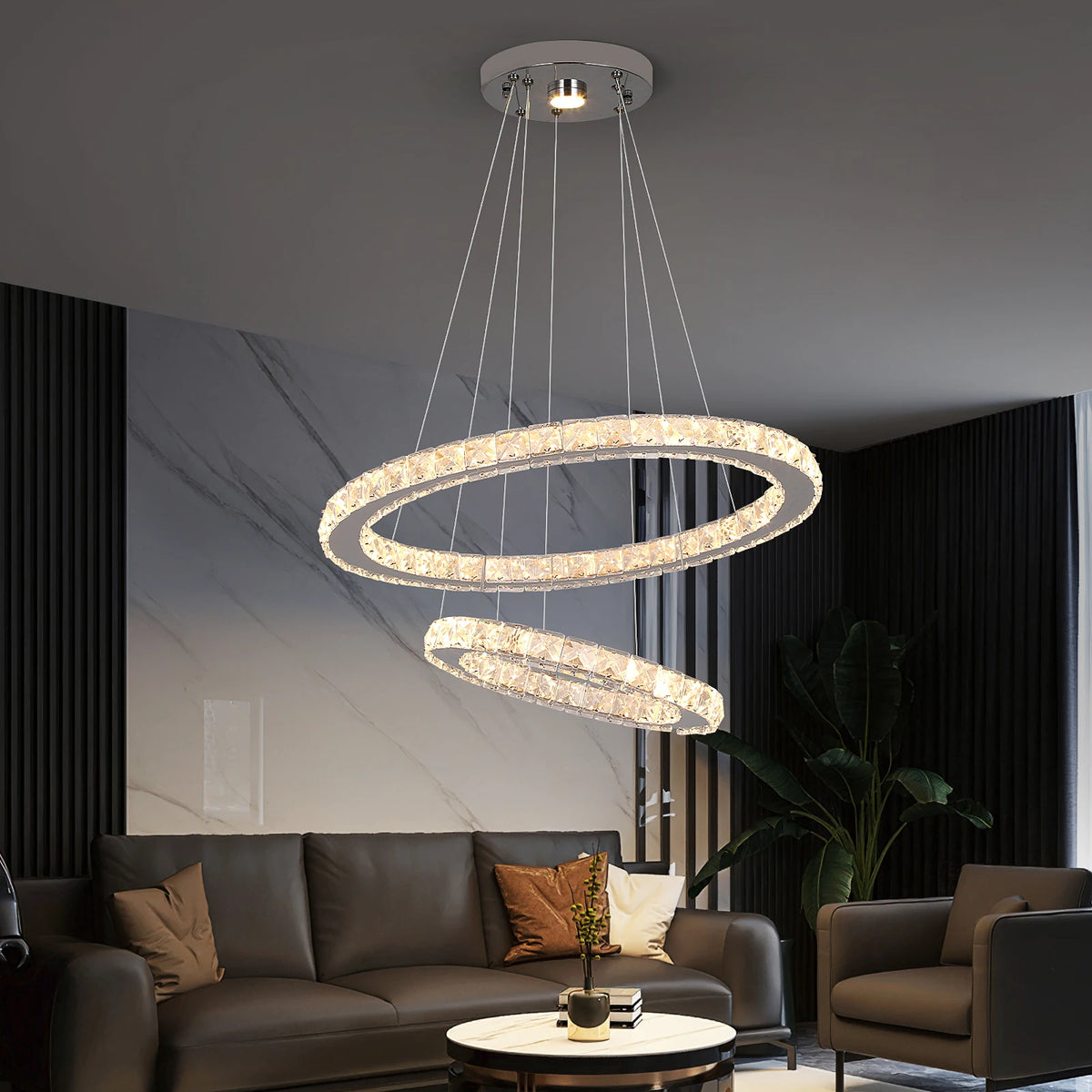 Modern Led Pendant Light Luxury Crystal Rings Dimmable Chandelier Hanging Lustre Ceiling Lamp Living Dining Room Decor Fixture