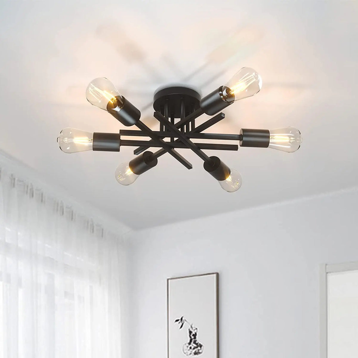 Black Sputnik semi flush mount ceiling light in a living space