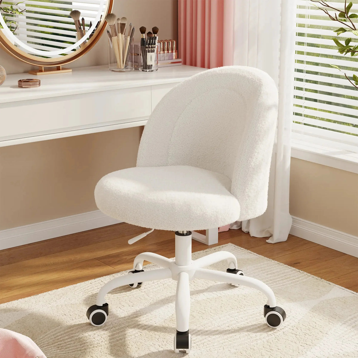 Height Adjustable Vanity Chair with Wheels Cute Makeup Desk Chair Soft Lumbar Support for Small Space Bedroom Home Office