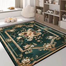 Luxury Green Flower Area Rug – Non-Slip Large Living Room Carpet, Golden Border Washable Soft Mat for Bedroom Home Decor