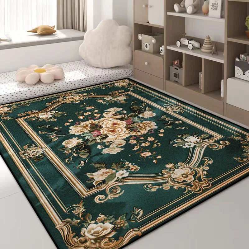 Luxury Green Flower Area Rug – Non-Slip Large Living Room Carpet, Golden Border Washable Soft Mat for Bedroom Home Decor