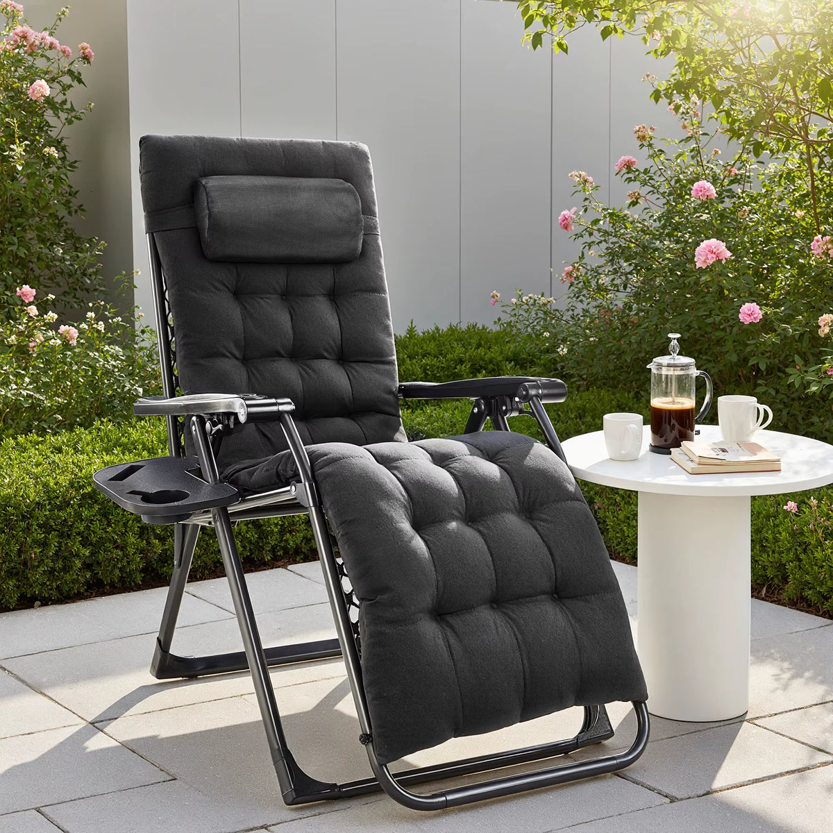 Zero Gravity Recliner Camping Patio Lounge Chair Folding Portable with Cup Holder Trays Removable Cushion for Outdoor Garden