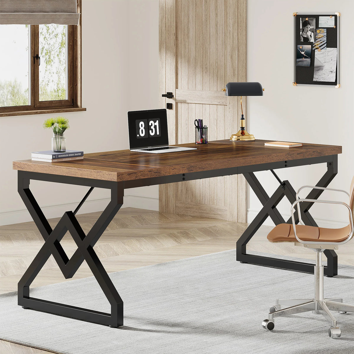 63" Large Industrial Executive Desk with Extra Thickened Tabletop & Metal Frame, Heavy-Duty Home Office Desk