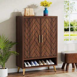 6-Tier Shoe Cabinet with Doors, Walnut Wooden Shoe Storage Cabinet with Adjustable Shelves for Entryway