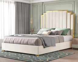 King Bed Frame Upholstered Platform with Gold Trim Headboard No Box Spring Needed Black, Customized
