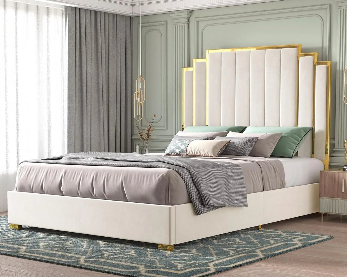 King Bed Frame Upholstered Platform with Gold Trim Headboard No Box Spring Needed Black, Customized