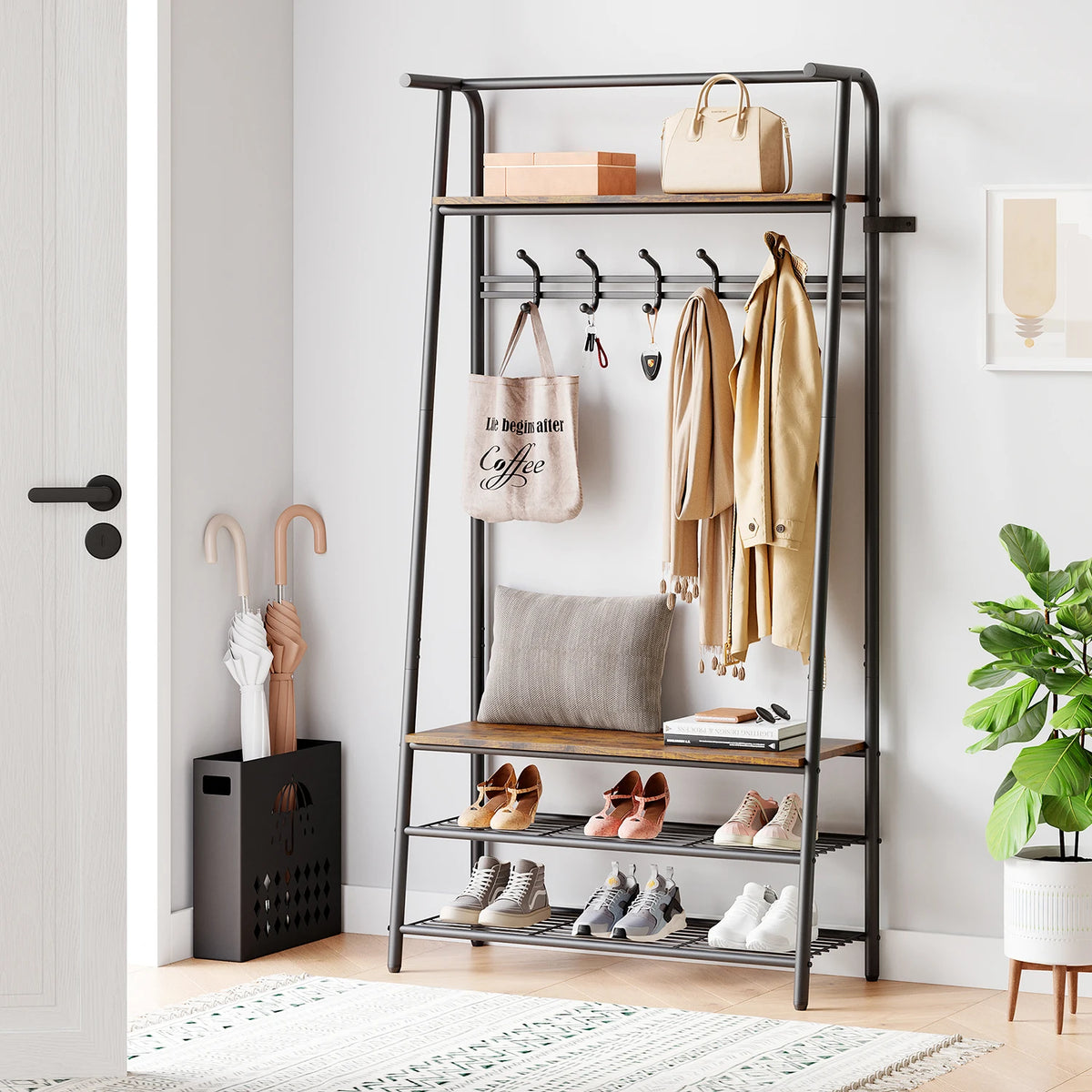 Coat Rack Shoe Bench, 4-In-1 Hall Trees Entryway Bench with Coat Rack and Shoe Rack, Steel Frame Storage Shelf and Hanging Bar