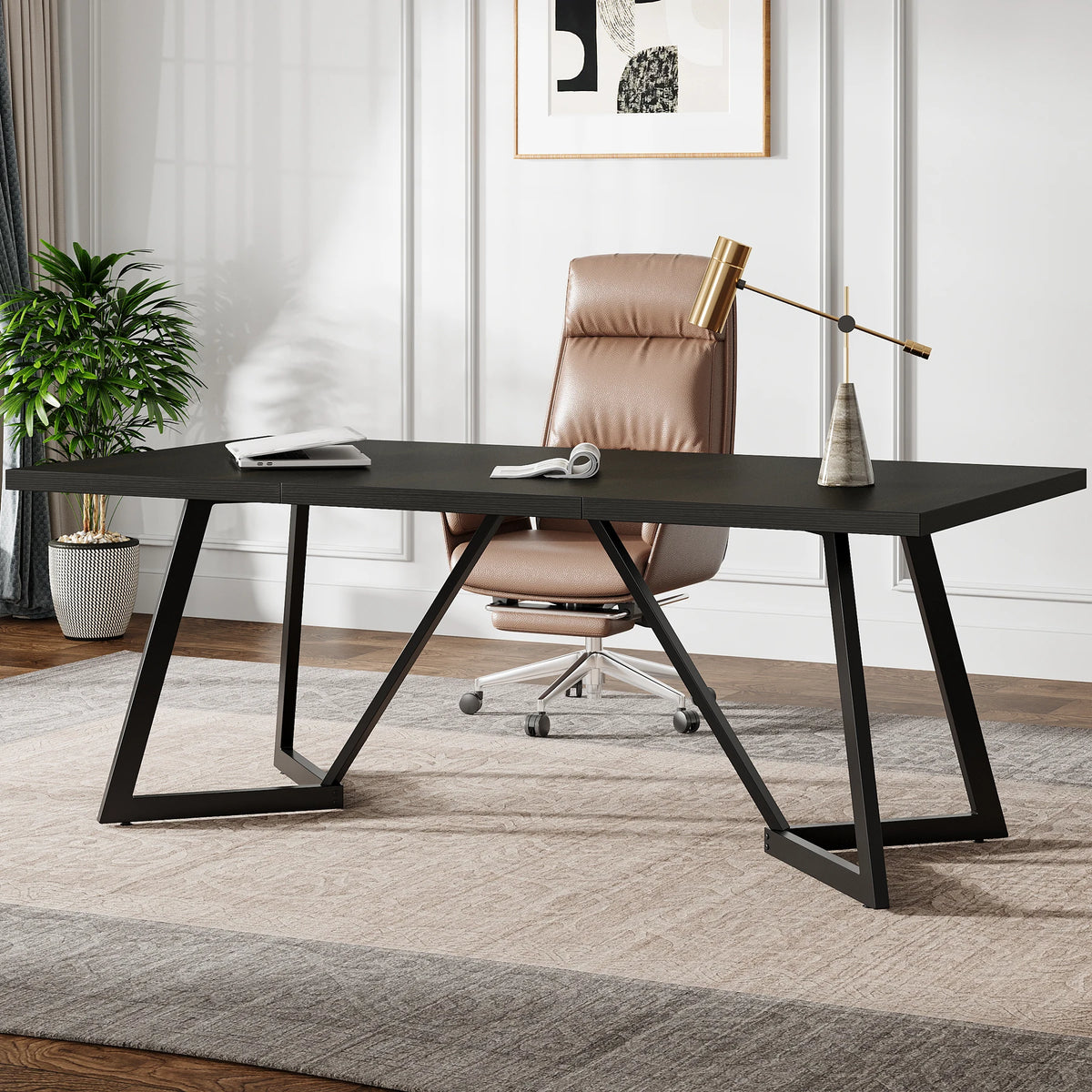 180Cm Large Executive Desk, Modern Black Office Desk with Metal Frame, Study Writing Table