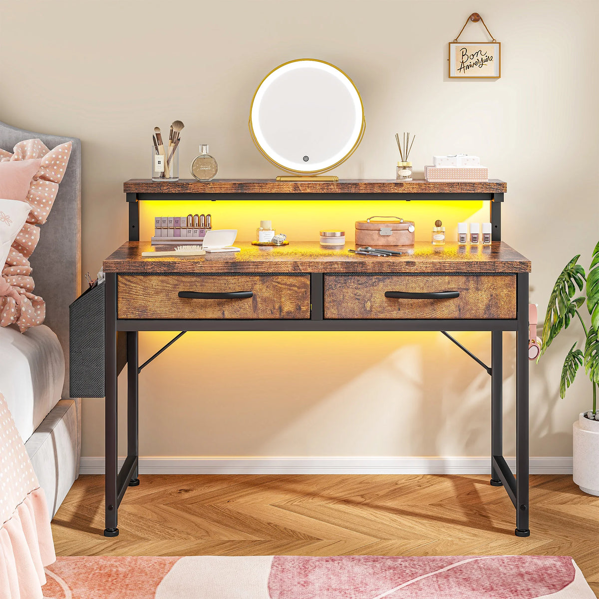 37.8"H RGB LED Study Writing Table Monitor Stand Computer Desk with 2 Fabric Drawers Small Desk Anti-Tip Design for Home Office
