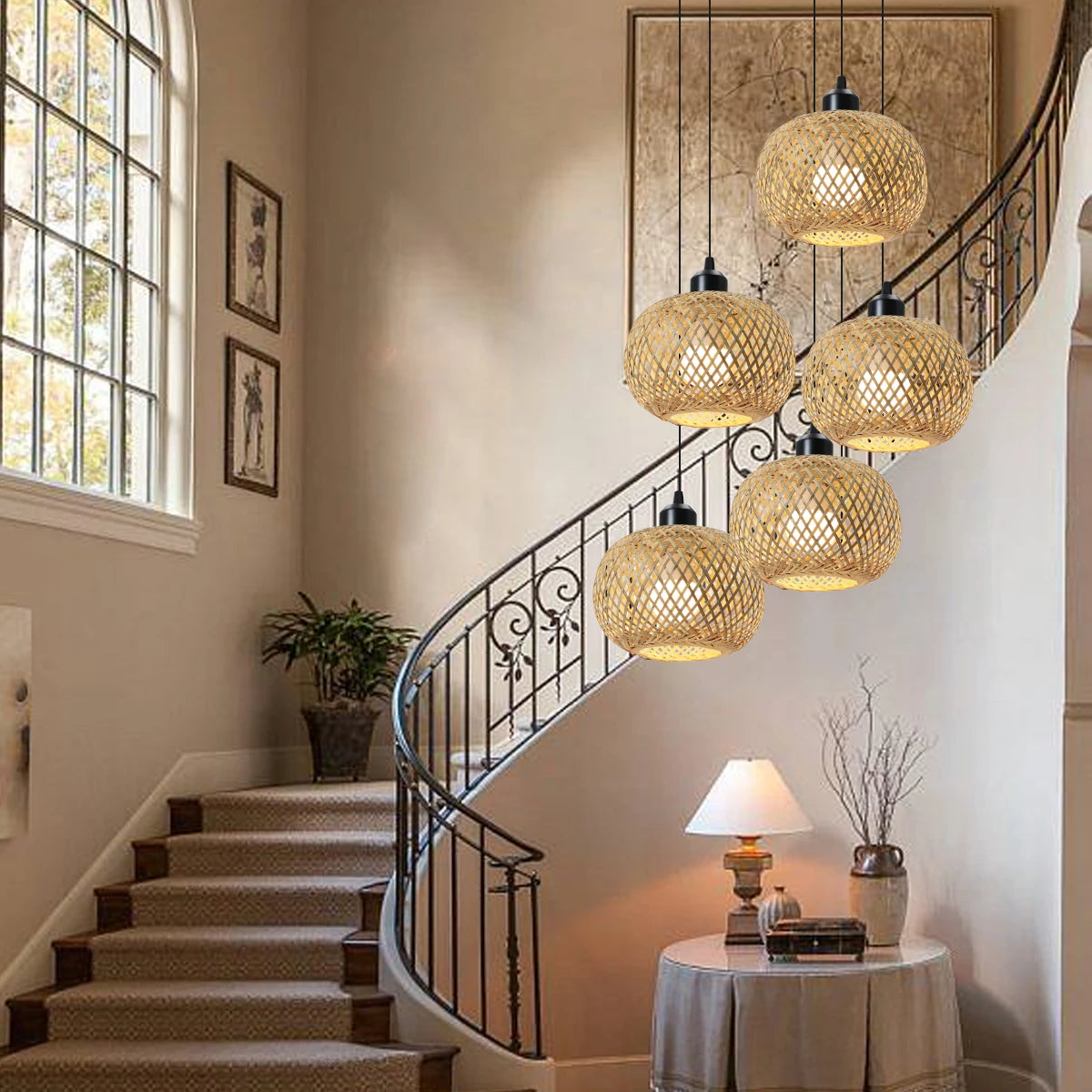 Bamboo Pendant Lamp Natural Rattan Chandeliers E27 Hand-Knitting Café Restaurant Living Room Decor Hanging Lamp Indoor