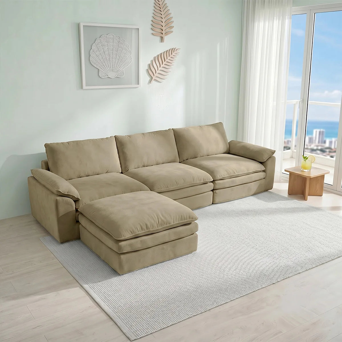 Summer Fresh Cream Style Modular Block Sofa, No Assembly Required, Deep Seat Cloud Sofa for Family Theater Room, Breathable Skin-Friendly Fabric Chaise Lounge, Detachable Washable Lazy Cloud Couch for Large Living Room, Multi-Functional Furniture for Apar
