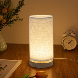 Solid Wood LED Table Lamp, Grey Linen Shade