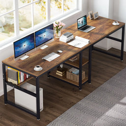 Two Person Desk with Bookshelf, 78.7 Computer Office Double Desk for Two Person, Rustic Writing Desk Workstation
