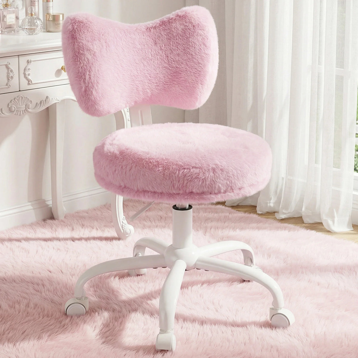 Cute Bow Back Vanity Chair with Wheels, Fluffy Faux Rabbit Fur Desk Chair, Height Adjustable Ergonomic Computer Chair, Portable Makeup Chair for Bedroom Dorm Home Office