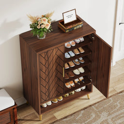 6-Tier Shoe Cabinet with Doors, Walnut Wooden Shoe Storage Cabinet with Adjustable Shelves for Entryway