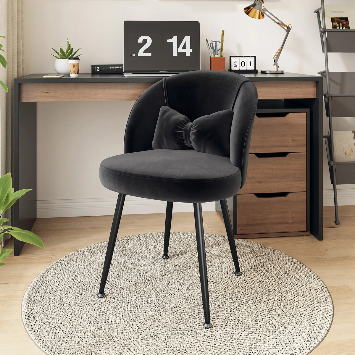 Velvet Vanity Chair Ergonomic Backrest Desk Chair with Bow Pillow, Black Metal Legs Accent Chair, Multi-Purpose Comfort Leisure Chair for Bedroom, Living Room, Makeup, Home Office Small Space
