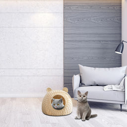 Rattan Woven Cat Bed House Semi-Closed Flat Bottom Cat Nest for Indoor Cat Kitten Hideaway Playing Pet Supplies