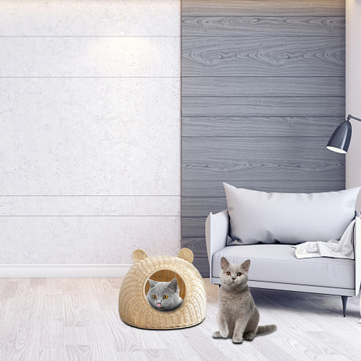Rattan Woven Cat Bed House Semi-Closed Flat Bottom Cat Nest for Indoor Cat Kitten Hideaway Playing Pet Supplies