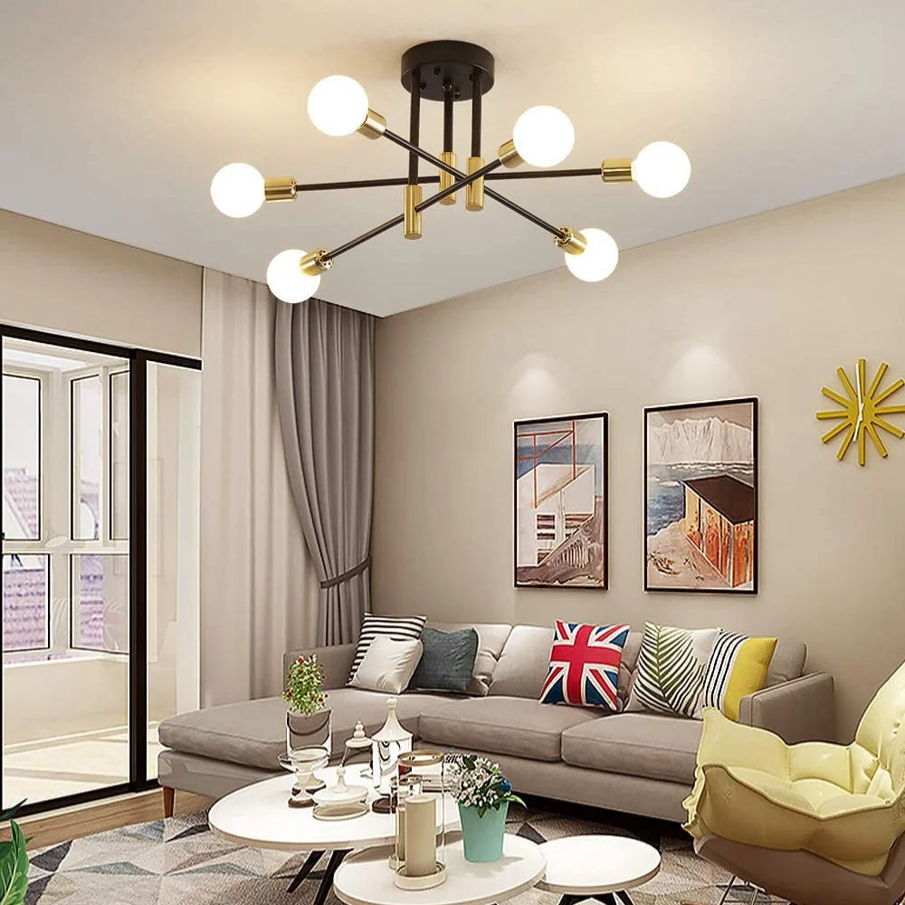 Dropshipping Modern Sputnik Chandelier Nordic Semi Flush Mount Ceiling Lamp Brushed Antique Gold Home Decor Lighting Fixture