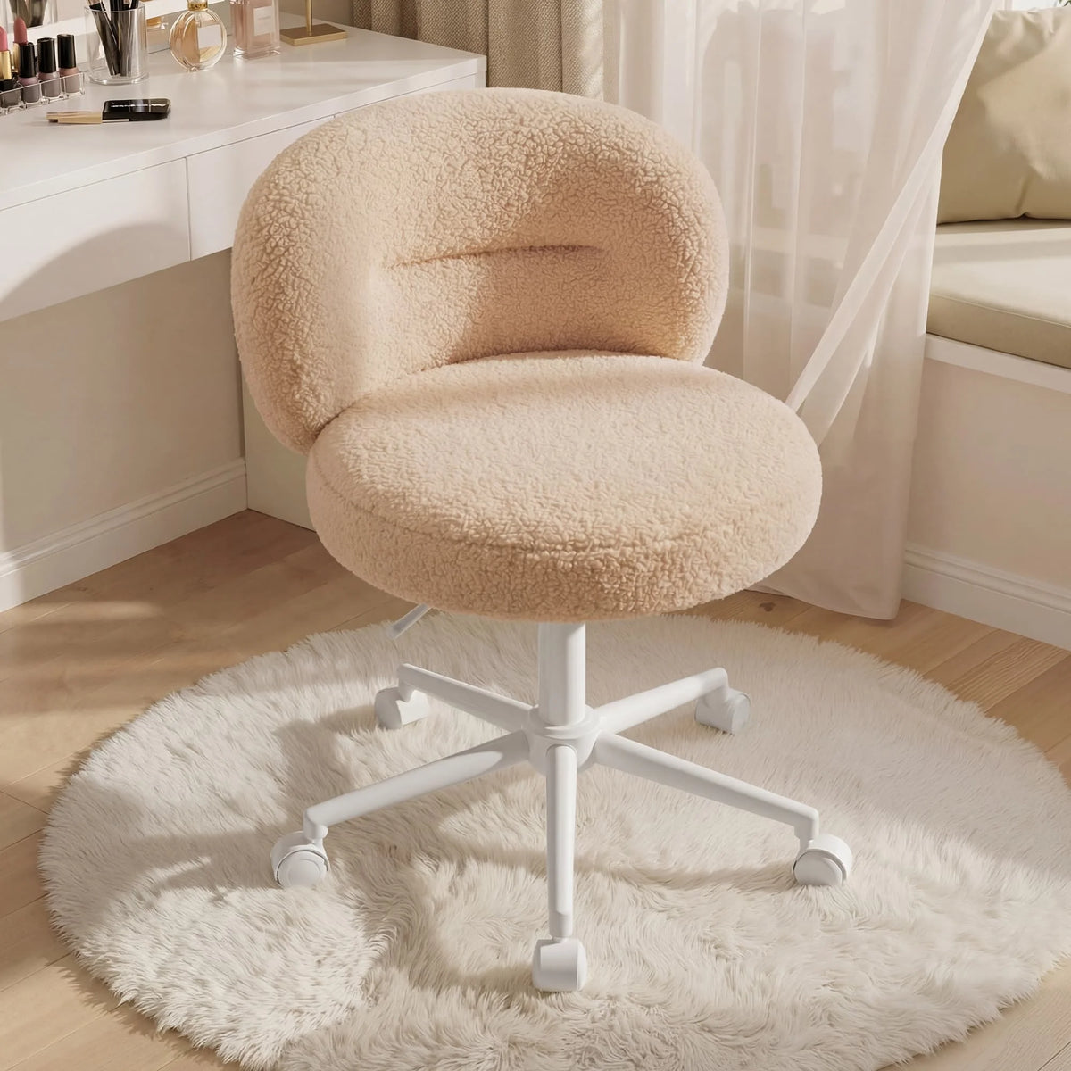 round Armless Vanity Chair with Wheels, Height Adjustable 360° Swivel Desk Chair, Soft Plush Ergonomic Chair for Bedroom Home Study