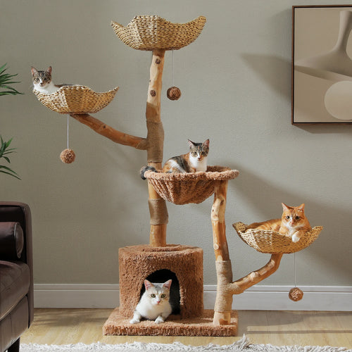 Large Cat Tree Tower with Sisal Scratching Post Wicker Basket Bed Flower Cat Condo Indoor Modern Cat Furniture Cat Accessories