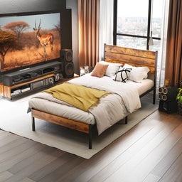 Queen Size Metal Platform Bed Frame with Headboard and Footboard with 800LBS Sturdy Wooden Slats Support for Bed Room Home