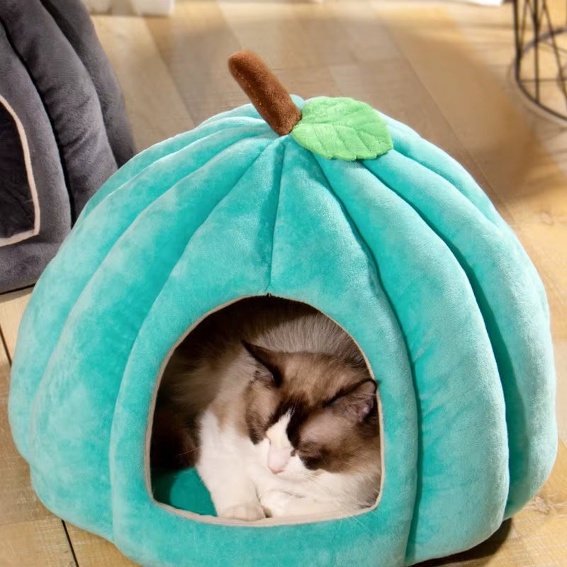 3D Pumpkin Pet House Semi-Enclosed Removable Bottom Non-Slip Soft PP Cotton Winter Cat House Tent for Pet Mat Washable Cave