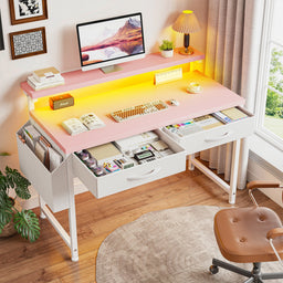 37.8"H RGB LED Study Writing Table Monitor Stand Computer Desk with 2 Fabric Drawers Small Desk Anti-Tip Design for Home Office