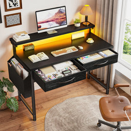 37.8"H RGB LED Study Writing Table Monitor Stand Computer Desk with 2 Fabric Drawers Small Desk Anti-Tip Design for Home Office