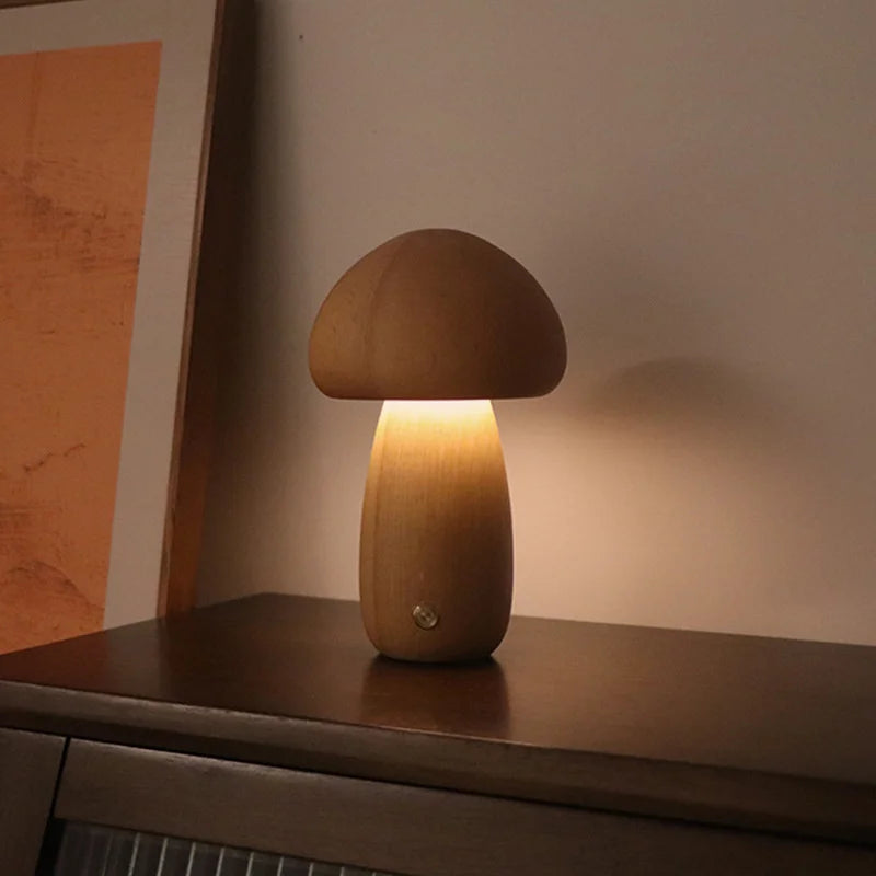 Wooden Mushroom Touch Night Light