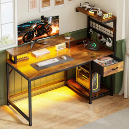 40"Gaming Computer Desk with Power Outlets RGB LED Lights Office Desk with Drawer Storage Shelves Monitor Stand for Small Space