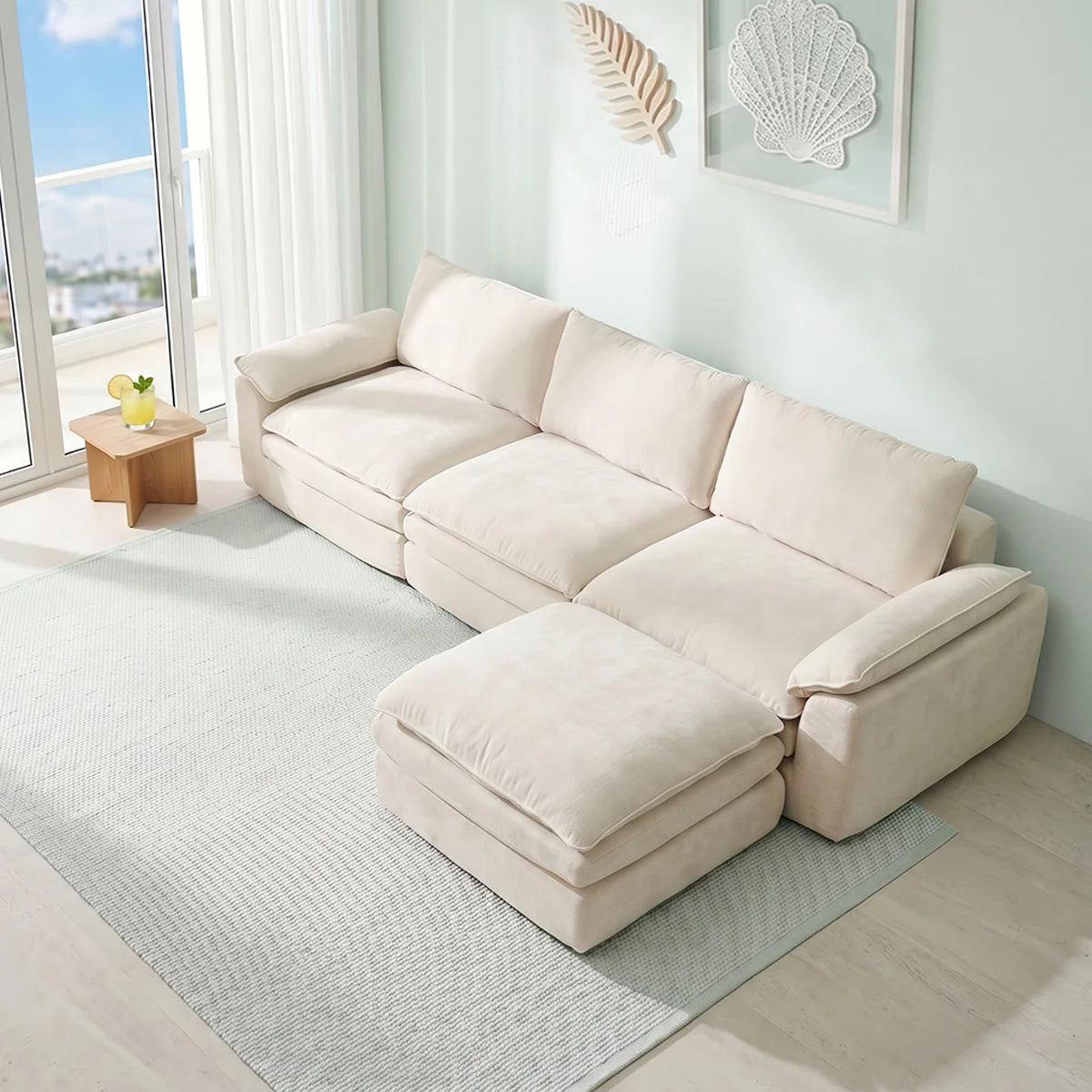 Summer Fresh Cream Style Modular Block Sofa, No Assembly Required, Deep Seat Cloud Sofa for Family Theater Room, Breathable Skin-Friendly Fabric Chaise Lounge, Detachable Washable Lazy Cloud Couch for Large Living Room, Multi-Functional Furniture for Apar