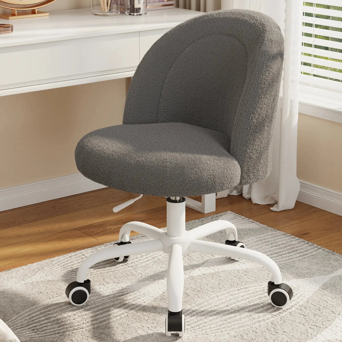 Height Adjustable Vanity Chair with Wheels Cute Makeup Desk Chair Soft Lumbar Support for Small Space Bedroom Home Office