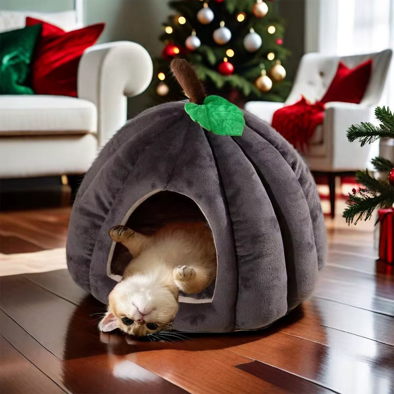 3D Pumpkin Pet House Semi-Enclosed Removable Bottom Non-Slip Soft PP Cotton Winter Cat House Tent for Pet Mat Washable Cave