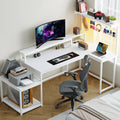55.6 Inch Reversible L Shaped Gaming Desk RGB LED Corner Computer Desk with Power Outlet Monitor Stand Storage Shelf Home Office Study Desk for Teen Bedroom