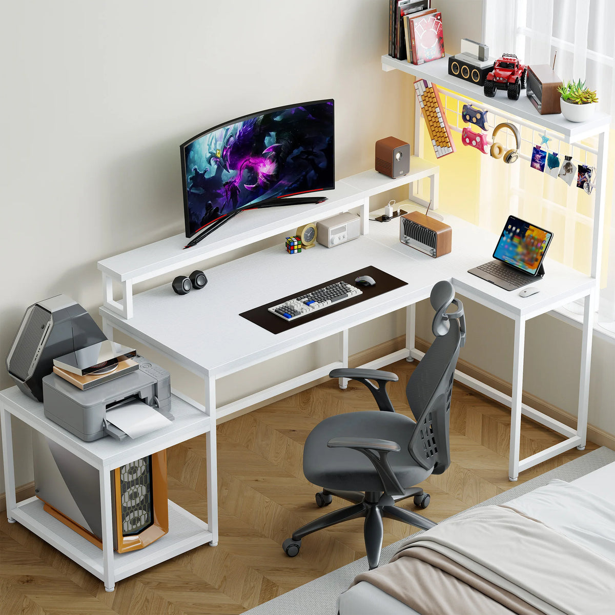 55.6 Inch Reversible L Shaped Gaming Desk RGB LED Corner Computer Desk with Power Outlet Monitor Stand Storage Shelf Home Office Study Desk for Teen Bedroom