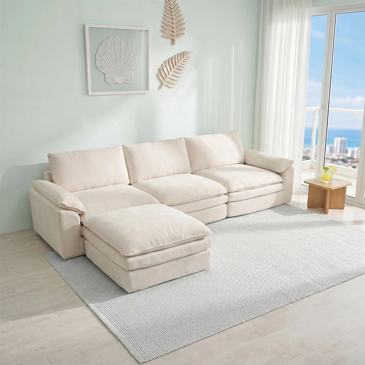 Summer Fresh Cream Style Modular Block Sofa, No Assembly Required, Deep Seat Cloud Sofa for Family Theater Room, Breathable Skin-Friendly Fabric Chaise Lounge, Detachable Washable Lazy Cloud Couch for Large Living Room, Multi-Functional Furniture for Apar