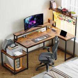 55.6 Inch Reversible L Shaped Gaming Desk RGB LED Corner Computer Desk with Power Outlet Monitor Stand Storage Shelf Home Office Study Desk for Teen Bedroom
