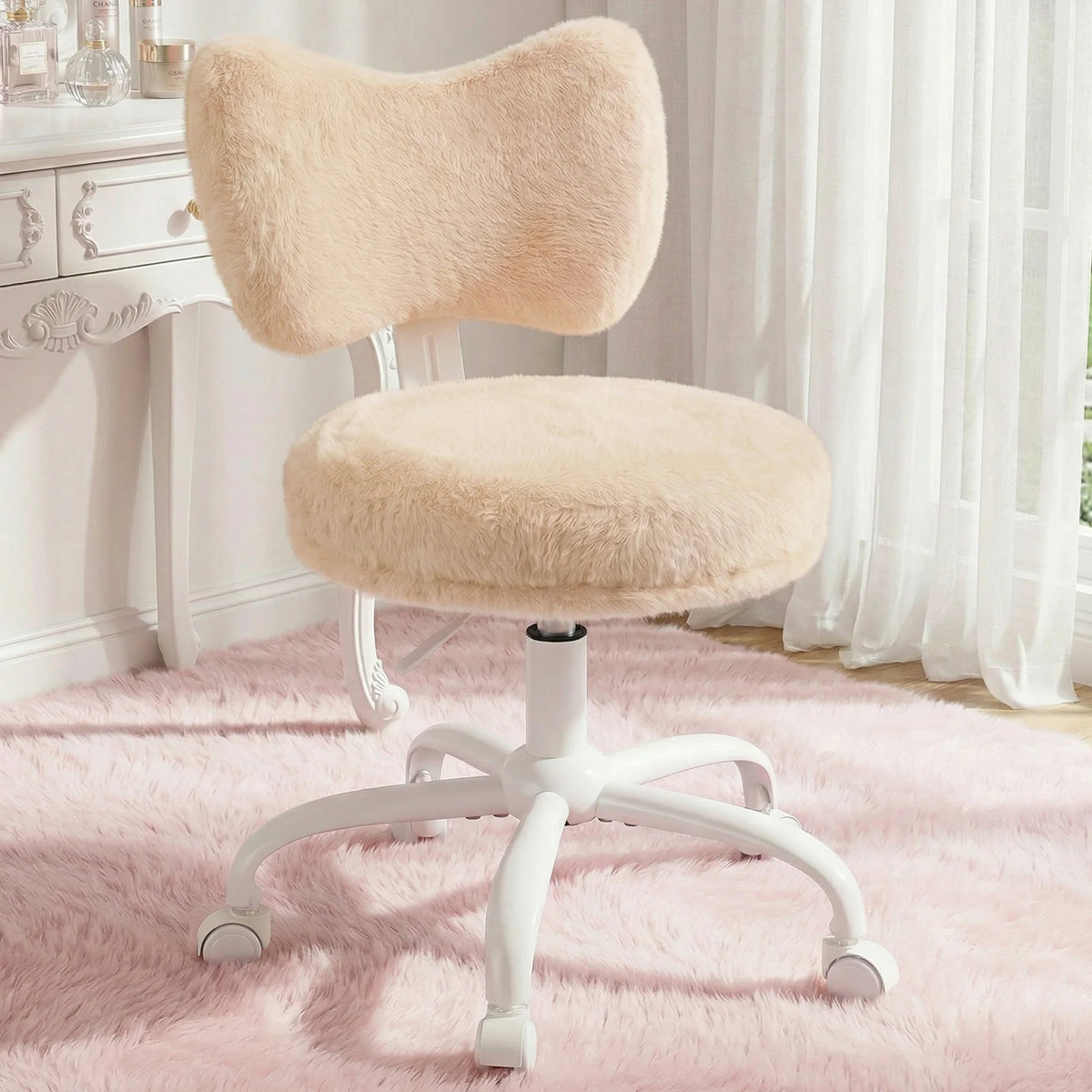 Cute Bow Back Vanity Chair with Wheels, Fluffy Faux Rabbit Fur Desk Chair, Height Adjustable Ergonomic Computer Chair, Portable Makeup Chair for Bedroom Dorm Home Office