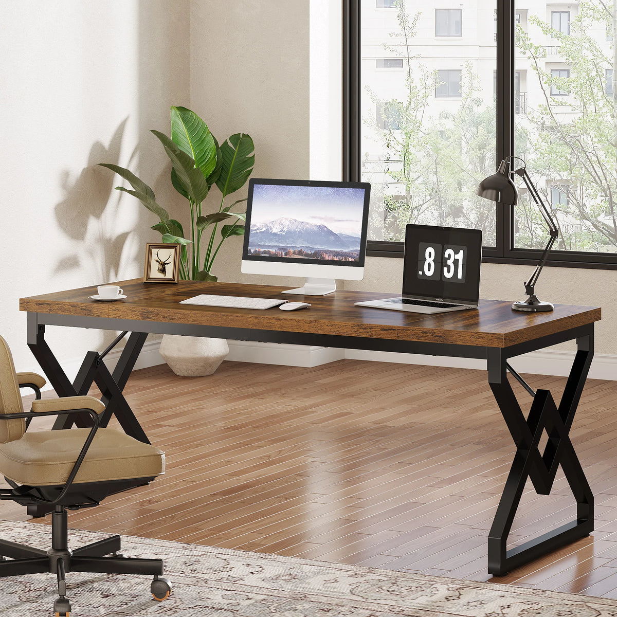 63" Large Industrial Executive Desk with Extra Thickened Tabletop & Metal Frame, Heavy-Duty Home Office Desk