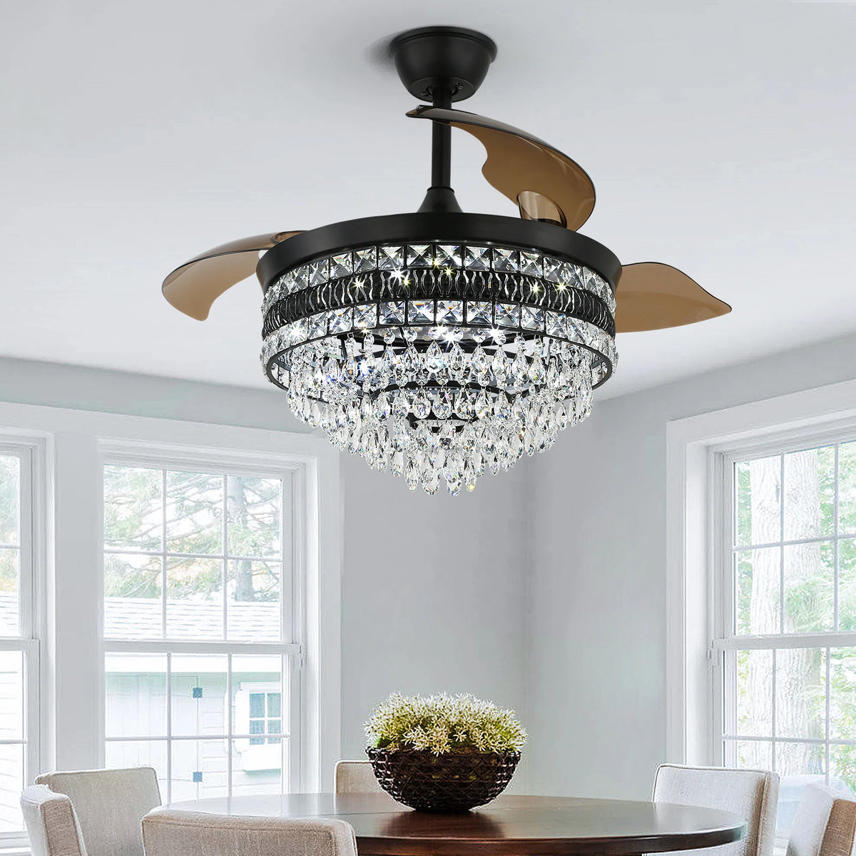 Modern Smart Ceiling Fan Chandelier Gold RC Adjustable 6 Speed Pendant Light Luminaire Bedroom 3 Heads Led Fandelier Lamp Indoor
