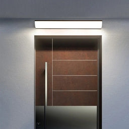 Outdoor wall light above a wooden entrance door
